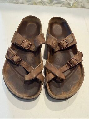 Birkenstock Brown Leather Double-Strap Slide Sandals